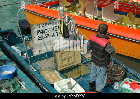 Un pescatore a Tai O villaggio, Hong Kong, prepara la sua cattura per l'asciugatura. Foto Stock