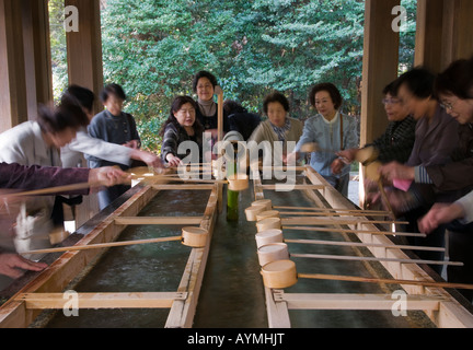 "Tradizionali ladels bambù utilizzato per il lavaggio e la purificazione a una fontana di purificazione al Tempio di Meiji Tokyo Giappone " Foto Stock