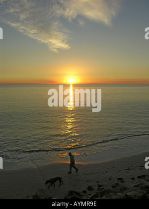 Uomo con cane sul beachwalk al tramonto Foto Stock