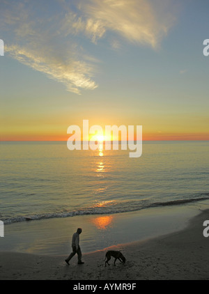 Uomo con cane sul beachwalk al tramonto Foto Stock