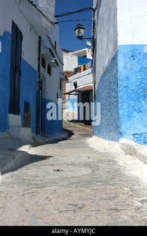 Strada stretta con case lime lavato in blu o bianco nel Oudaya Kasbah a Rabat, Marocco Foto Stock