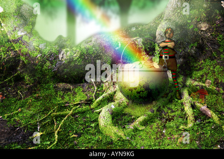 Leprechaun con una pentola d'oro alla fine dell'arcobaleno Foto Stock