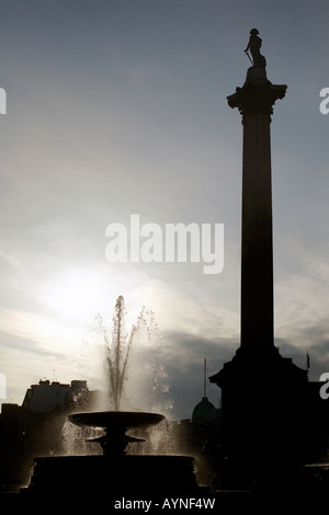 Colonna di Nelson e fontana in silhouette. Trafalgar Square, London, England, Regno Unito Foto Stock