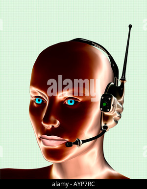 3D generata dal computer robot femmina con auricolare bionico Foto Stock