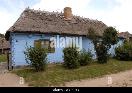 Tradizionale cottage blu con tetto in paglia al Mazowsze Open Air Museum di Sierpc, Polonia, Europa. Foto Stock