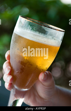 Donna tenendo in mano un bicchiere di birra Foto Stock