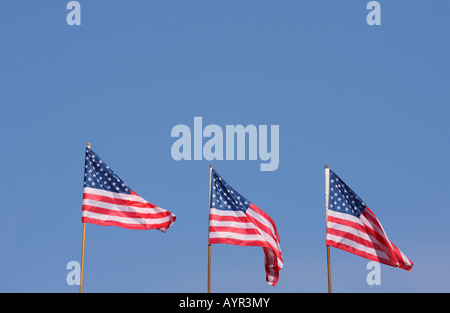 Tre di noi le bandiere, bandierine americane contro un cielo blu Foto Stock