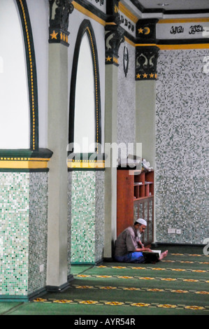 Uomo musulmano seduti nella sala da preghiera lettura Masjid Abdul Gafoor Moschea Little India di Singapore Foto Stock