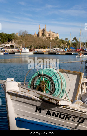 Barche da pesca in porto e La Seu Cathedral (retro), Palma di Maiorca, isole Baleari, Spagna Foto Stock