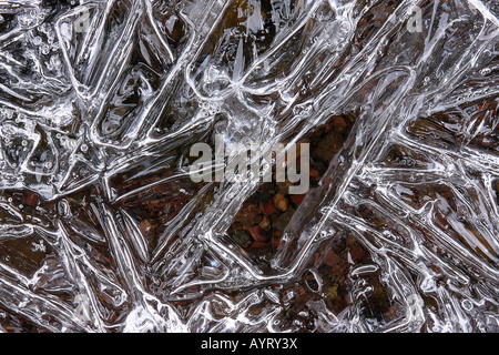 I cristalli di ghiaccio formato su una pozzanghera congelata Foto Stock