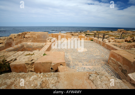 Pavimento a mosaico all'antica città romana di Sabratha, Libia, Nord Africa Foto Stock