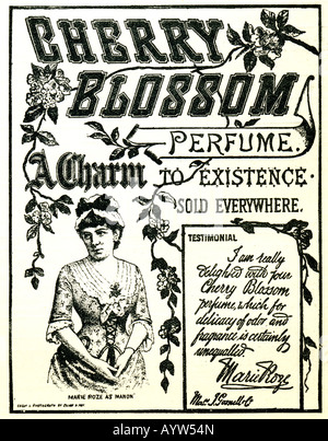 Annuncio vittoriano 1886 per la fioritura dei ciliegi profumo con testimonial dell'attrice Marie Roze per solo uso editoriale Foto Stock