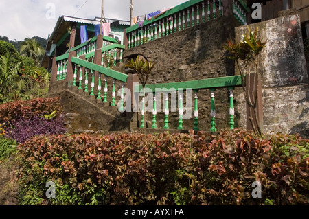 Scala storica dell'epoca britannica con ringhiere verdi a Darjeeling, Bengala Occidentale, India, circondata da vegetazione lussureggiante e pareti in pietra. Foto Stock