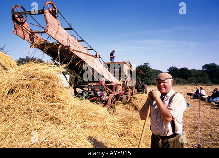 Trebbiatura tradizionale lungo la paglia di mais per ricoprendo di paglia in una fattoria a Bury St Edmunds Foto Stock