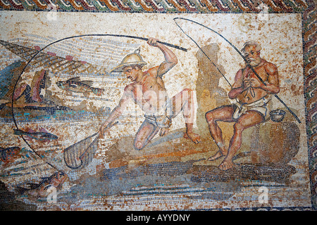 I pescatori mosaico, Museo Jamahiriya, Tripoli, Libia. Dalla villa del mosaico del Nilo, vicino a Leptis Magna. Foto Stock