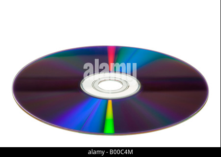 DVD con un leggero angolo isolato su uno sfondo bianco Foto Stock