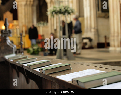 Pew wi̇th inno libro cattedrale norwi̇ch norfolk Inghilterra Foto Stock