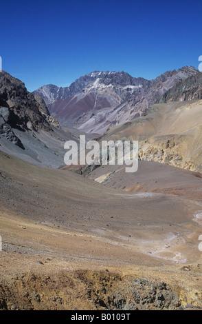 Vista sull'alta valle di Horcones dall'hotel Plaza de Mulas, Monte Messico in lontananza, Parco Provinciale di Aconcagua, provincia di Mendoza, Argentina Foto Stock