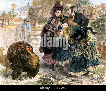 Grande la Turchia strutting davanti a un ammirando la famiglia presso il ringraziamento stagione 1870s. Colorate a mano la xilografia Foto Stock