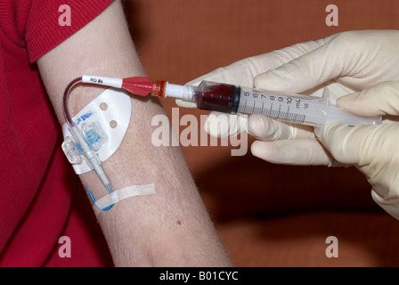 Prelievo di sangue da un picc line i cateteri inseriti centralmente perifericamente con una siringa e indossando i guanti chirurgici Foto Stock