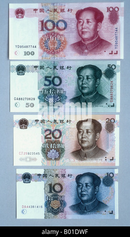 Yuan cinese note in 100, 50, 20, 10 Ren Min Bi persone denaro denominazioni Foto Stock