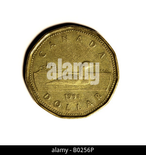 Moneta canadese da un dollaro con il loon comune o grande subacqueo settentrionale (Gavia Immer). Comunemente chiamato dollaro di Loonie. Foto Stock
