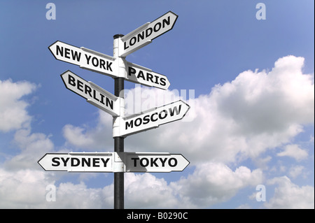 Cartello con le imprese di capitali del mondo Foto Stock