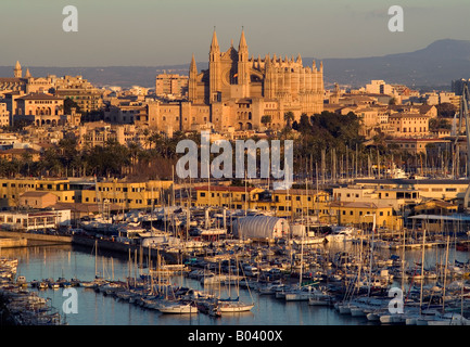La cattedrale di Palma con marina in primo piano al tramonto,Mallorca. Foto Stock