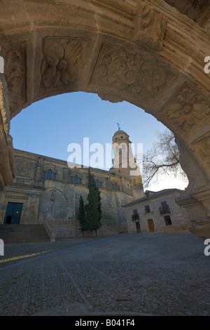 Fuente de Santa Maria (fontana) e la Cattedrale di Baeza in Plaza Santa Maria, città di Baeza - un sito Patrimonio Mondiale dell'UNESCO Foto Stock