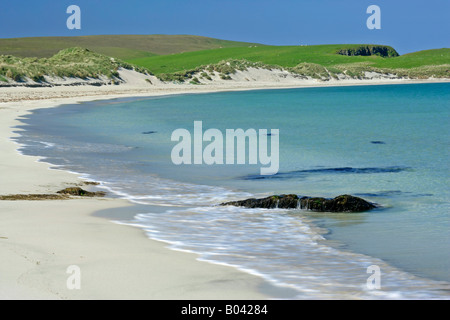 Estate spiaggia onda che si avvicina il blu del mare di sabbia bianca e dune presso la spiaggia di sabbie Scousburgh Sud continentale Isole Shetland Scozia Scotland Foto Stock