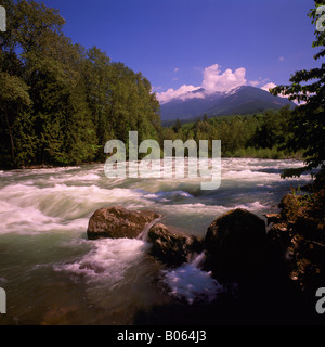 La Scenic Chiliwack fiume e le Cascade Mountains in Fraser Valley nel sud-ovest della Columbia britannica in Canada Foto Stock