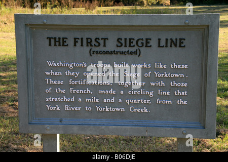 National Park Service segno posto accanto alle fortificazioni nel primo assedio alleato per la linea del campo di battaglia di Yorktown, VA. Foto Stock