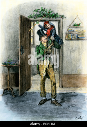 Tiny Tim portati nella celebrazione una illustrazione nella storia di Dickens A Christmas Carol. Colorate a mano fotoincisione di illustrazione. Foto Stock