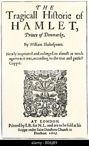 Titolo pagina del 1605 pubblicazione di Amleto di William Shakespeare. Xilografia con un lavaggio ad acquerello Foto Stock