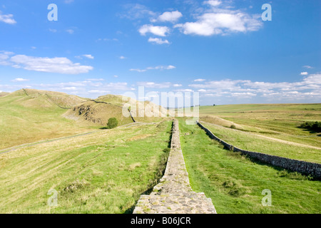 Guardando verso il basso su un tratto del Muro di Adriano vicino a Milecastle 42, Haltwhistle. Northumberland, Regno Unito Foto Stock