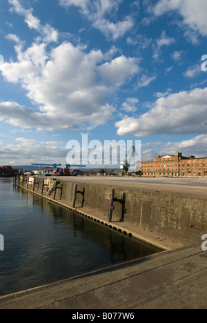 La città di Mainz/Germania nella primavera del 2008. Vista attraverso il sito del porto doganale si trova vicino al fiume Reno Foto Stock