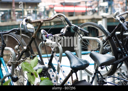 Biciclette sul ciclo di rack del ponte in Olanda Foto Stock