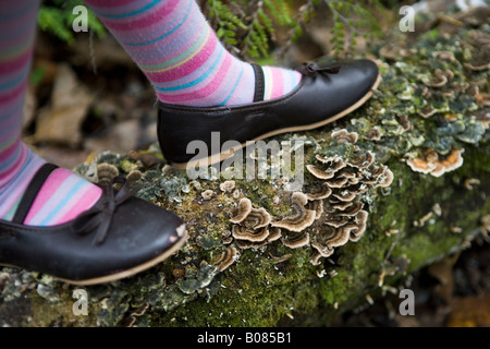 La ragazza si erge sul marciume log con staffa per la crescita del fungo Foto Stock