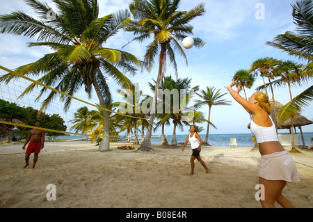 Pallavolo sulla spiaggia a Blackbird Resort un immersioni e sport acquatici resort nelle isole Turneffe Belize Foto Stock