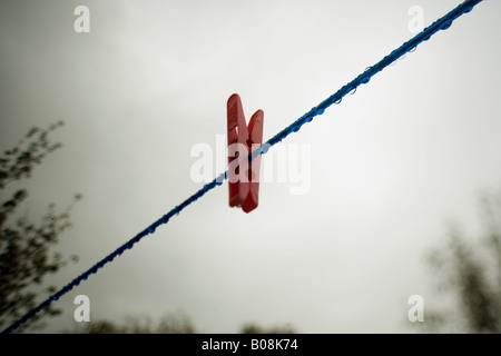 Pioli su una linea di abbigliamento dopo una forte pioggia caduta Foto Stock