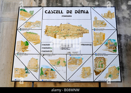 Mappa del Castell de Dénia, castello di Denia, Valencia, Costa Blanca, Spagna Foto Stock