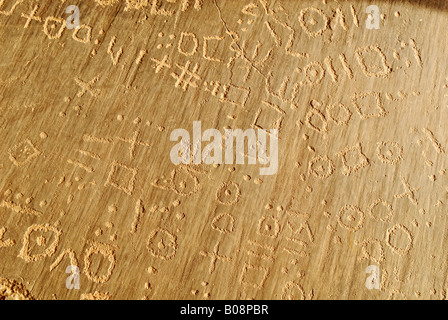 Il Tuareg script (Tifinagh) su pietra, incisioni rupestri, Youf Ahakit, Tassili du Hoggar, Wilaya Tamanrasset, Algeria, Nord Africa Foto Stock