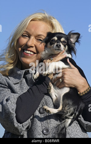 Chihuahua (Canis lupus f. familiaris), biondo donna con capelli lunghi Chihuahua nelle sue braccia Foto Stock