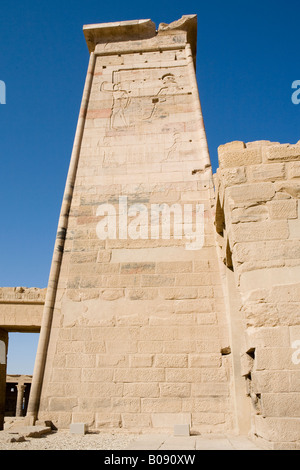 Rilievo scolpite sul pilone del Tempio di Iside a Philae, Aglika Island Aswan Egitto Foto Stock