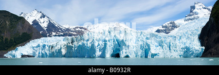 Panoramica del ghiacciaio Spegazzini, Lago Argentina (Lago Argentina), il Parque Nacional Los Glaciares (Los Glaciares National Pa Foto Stock