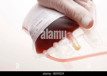 La mano guantata azienda unità di sangue, unità di sangue Foto Stock