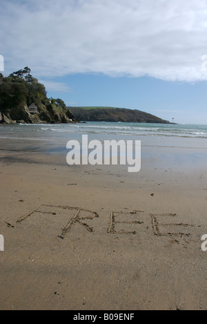 Libera parola nella sabbia sulla spiaggia, Salcombe, Devon, Regno Unito Foto Stock