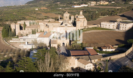 Antenna vista panoramica del monastero di Santa Maria de Poblet e campi circostanti in Poblet Foto Stock