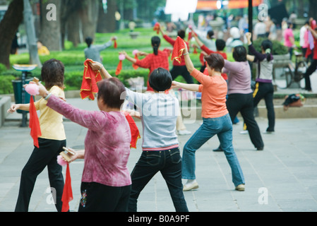 Cina, Guangzhou, gruppo di donna praticare il tai chi chuan all'aperto, vista posteriore Foto Stock