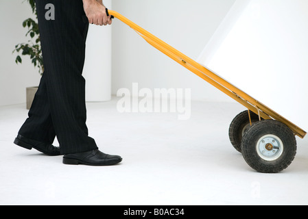 Uomo che utilizza il carrello per movimentazione pallet per spostare la casella, vista laterale, ritagliato Foto Stock